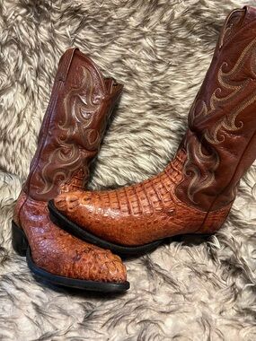 Tony Lama Men's Brown Croc-Caiman & Leather Western Boots Sz 7 EE